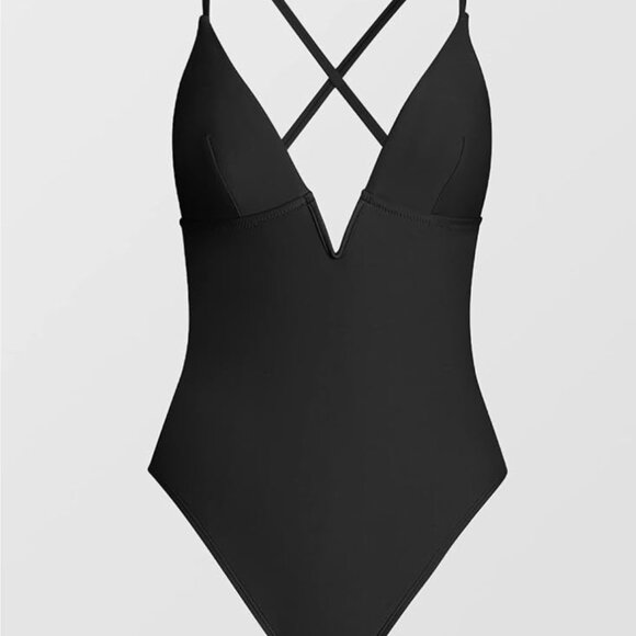 Cupshe Swimsuit 1-piece deep V neck crisscross back ad strap Black Med - Picture 7 of 12